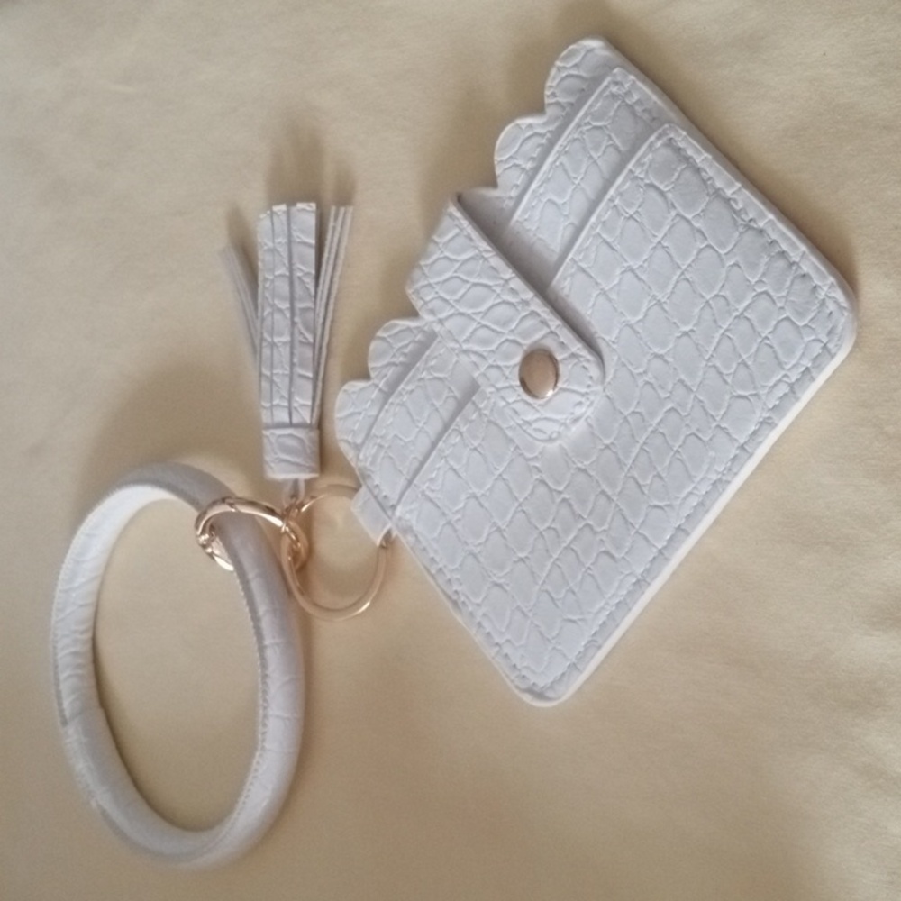 White Faux Leather Key Chain Card Holder Bangle with Tassels